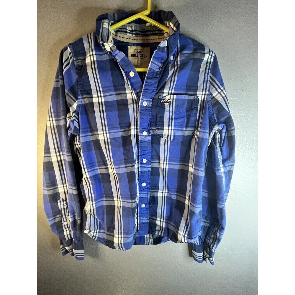 Hollister Shirt Men’s M  Surfer Cut Long Sleeve Button Down Blue White Plaid